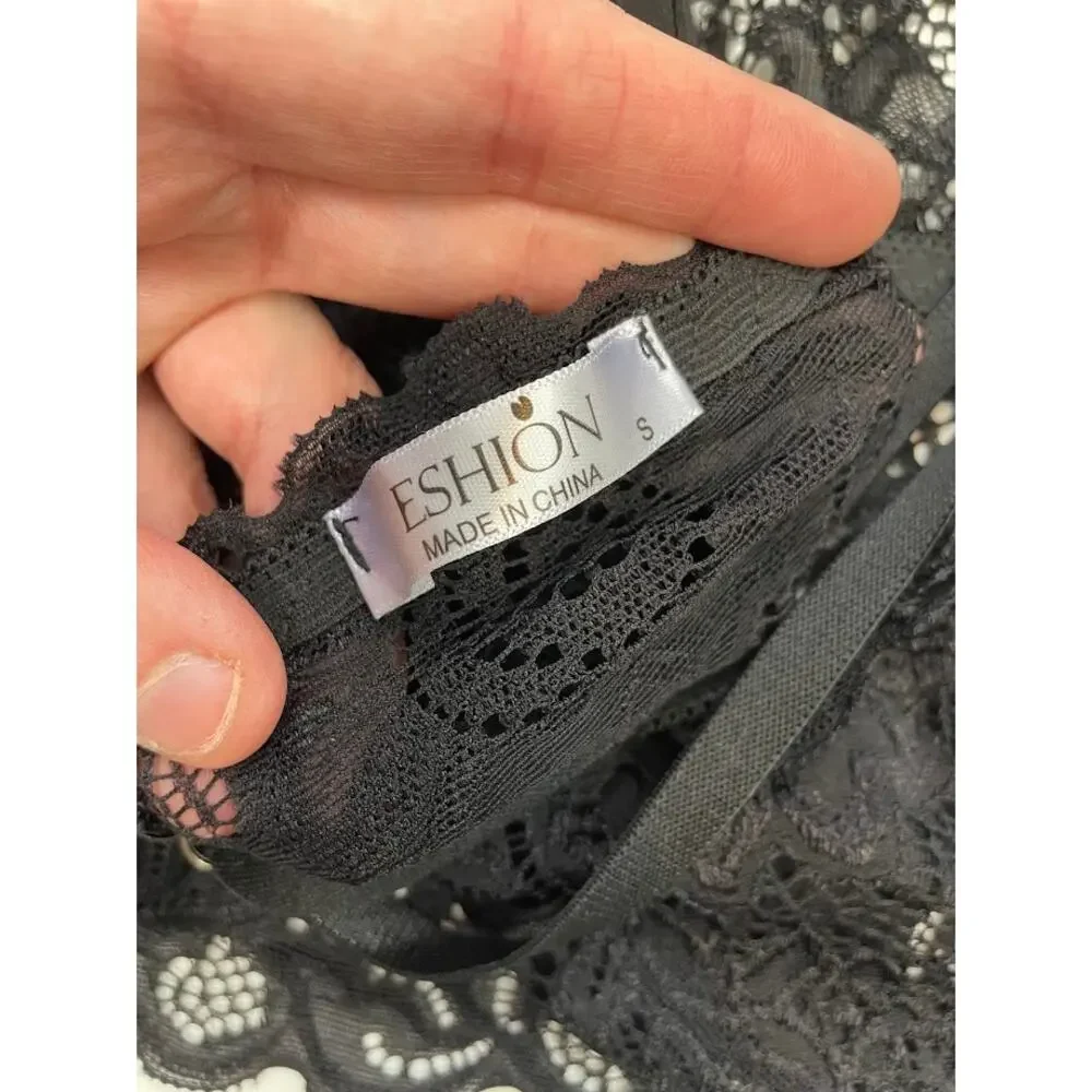 Women's Sheer Black Lace Bralette Sexy Lingerie‎ Deep V Cropped Top Boho Small